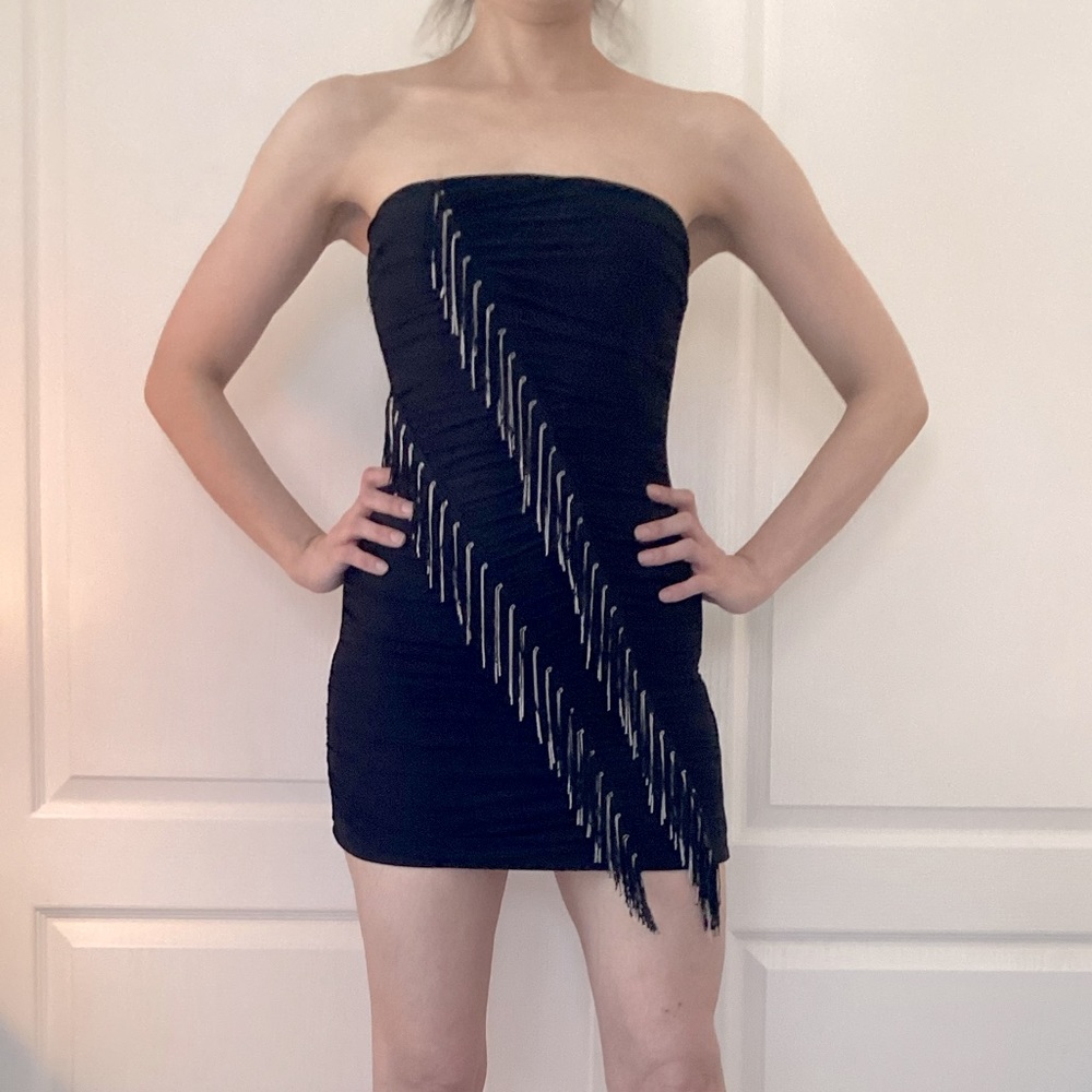 Bebe Black Jersey Strapless Dress with Chain Fringe Size S